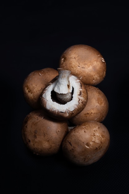 De voorraadfoto van luchtmening van groep paddestoelen keerde zwarte achtergrond om.