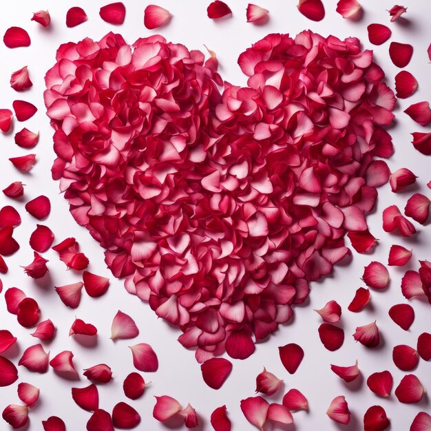 Foto de vorm van een hart gecreëerd in verspreide roze rood rozenblaadjes