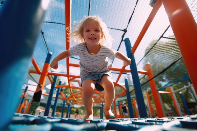 De vreugde en opwinding van kinderen die spelen op een kleurrijke speeltuin met een lage hoek opname Generatieve AI