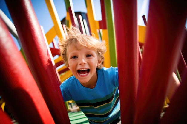 De vreugde en opwinding van kinderen die spelen op een kleurrijke speeltuin met een lage hoek opname Generatieve AI