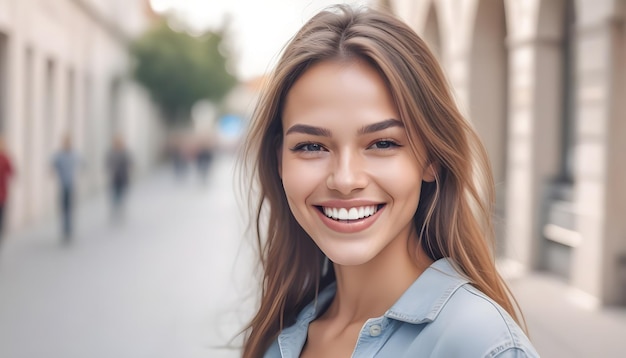 Foto de vreugde van de jeugd wordt weerspiegeld in het gelukkige gezicht van een mooie jonge vrouw