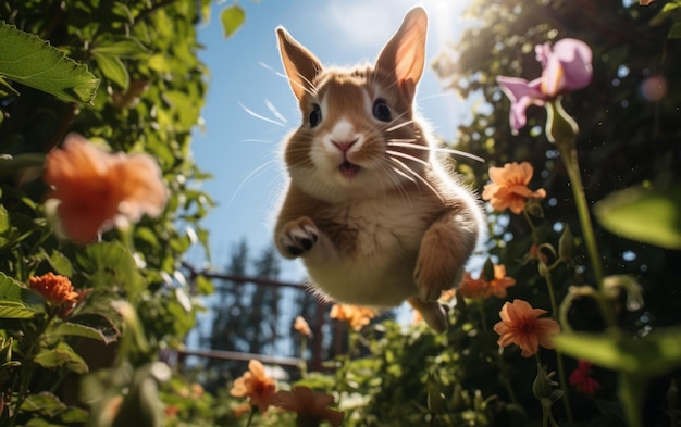 De vreugde van vrijheid Een konijn springt in een bloeiende tuin