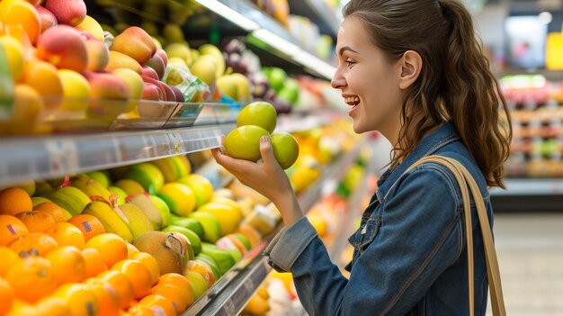 De vreugdevolle reis Het vruchtbare supermarktavontuur van een jonge vrouw