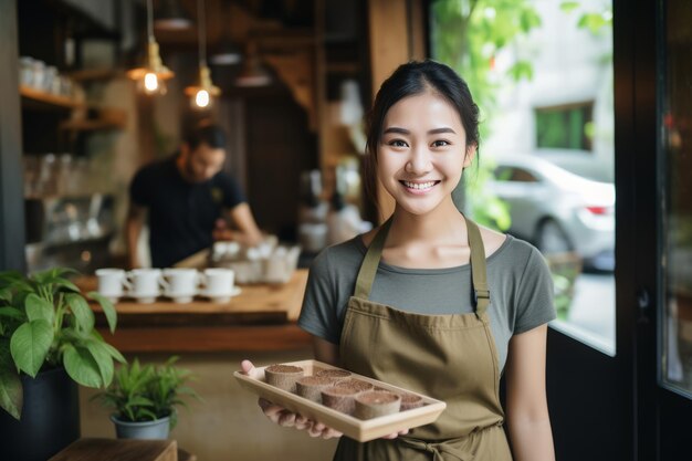 De vrolijke Aziatische barista onthult een heerlijke terugkeer naar de gastvrijheid van de koffieshop