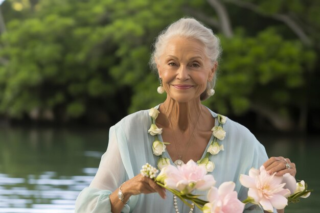 De vrolijke glimlach van een dame tijdens yoga of meditatie