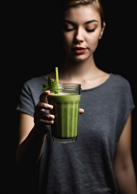 De vrouw houdt een glas groene smoothie vast