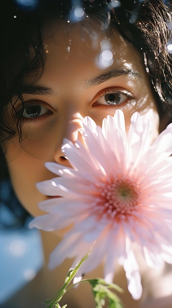 Foto de vrouw op de foto houdt een bloem voor haar gezicht.