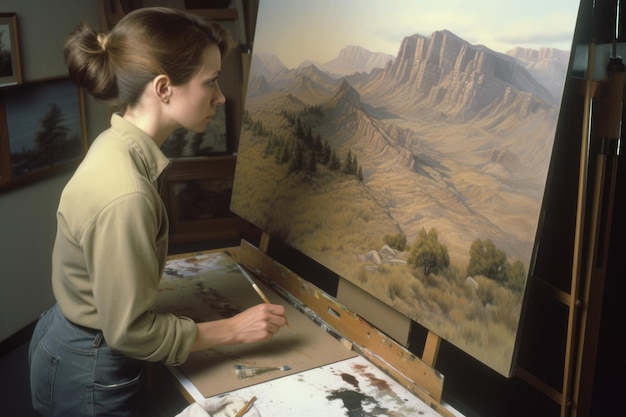 De vrouw schildert de realistische landschappen in een kunststudio met uitzicht op de bergen Generatieve AI AIG21