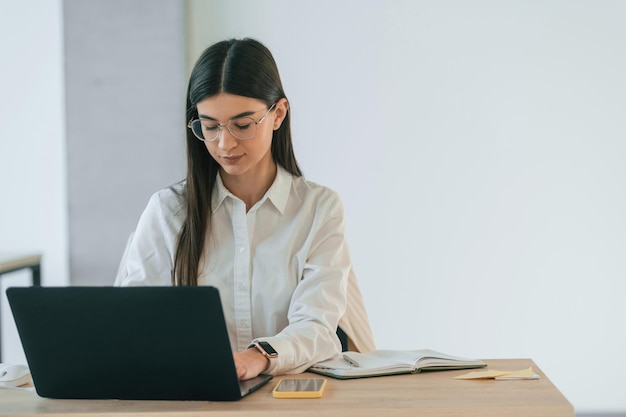 De vrouw werkt door laptop in het bureau Conceptie van zaken