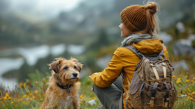 Foto de vrouw zit op het gras en knuffelt de hond in de natuur in de bergen toerisme toerisme reizen