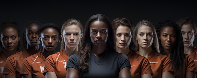 De vrouwelijke acteurs van het voetbalteam poseren voor de camera in de stijl van sci-fi noir.