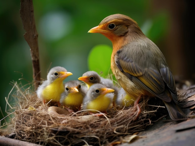 De vrouwelijke vogel met de kuikens