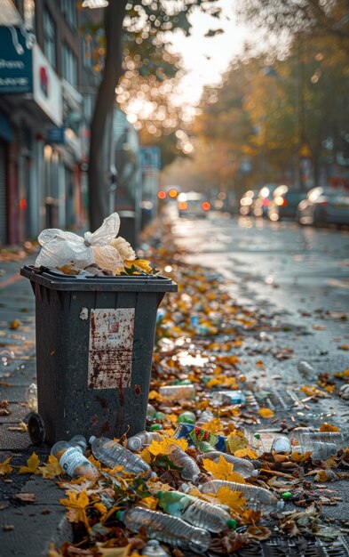 De vuilnisbak zit vol vuilnis op straat in de herfst.