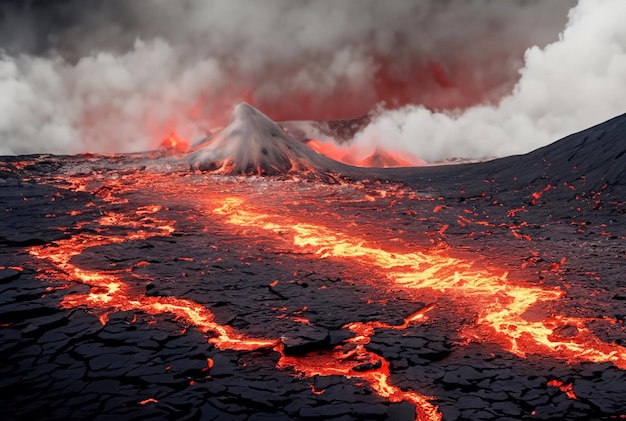 De vulkaan barst lava uit.