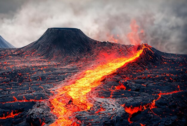 Foto de vulkaan barst lava uit.