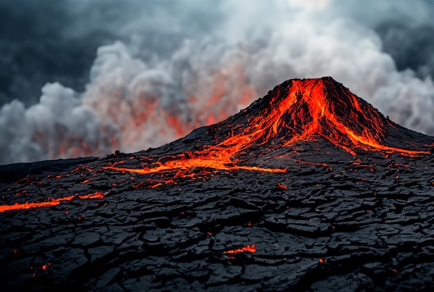 Foto de vulkaan barst lava uit.