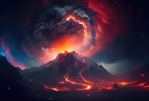 De vulkaan barstte uit met hete lava en zwarte rook die de lucht bedekten Natuur en rampenconcept Generatieve AI