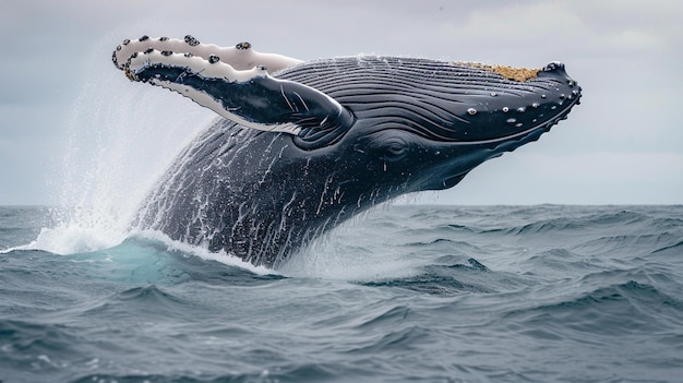 De walvis spuit water en staat klaar om op zijn rug te vallen.