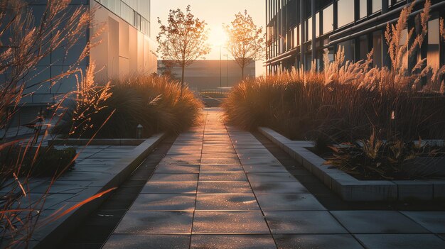 Foto de warme gloed van de ondergaande zon werpt een gouden tint op het stadslandschap en verlicht het pad voor zich en creëert een vreedzame sfeer