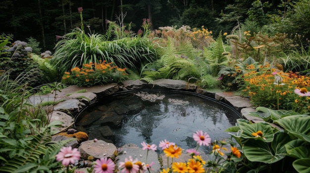 De warmwaterbron is omringd door een verscheidenheid aan planten, waaronder kleurrijke bloemen en dikke varens.