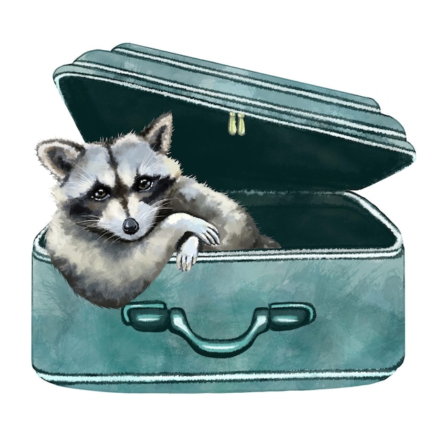De wasbeer zit in een koffer Uit de collectie REIS VAN DE WASBEER Kleurenillustraties