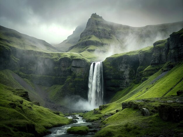 de waterval boven een bergachtig gebied in IJsland