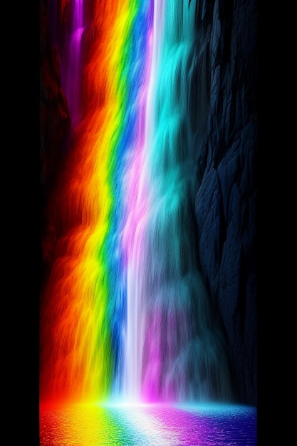 De waterval die van de berg af stroomt, vormt een prachtige regenboog.