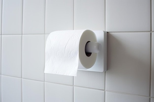 De wc-papierrol wordt op een wit oppervlak geplaatst