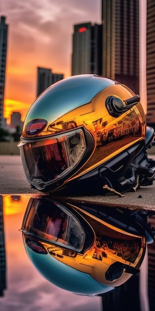 de weerspiegeling op een cyberpunk-motorhelm met een gespiegeld vizier van de zonsondergang en de prachtige lucht