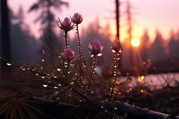 Foto de weerspiegeling van de dauw bij zonsopgang