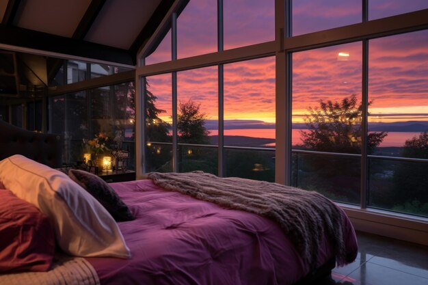 De weerspiegeling van de kleuren van de zonsopgang op een groot raam in een slaapkamer