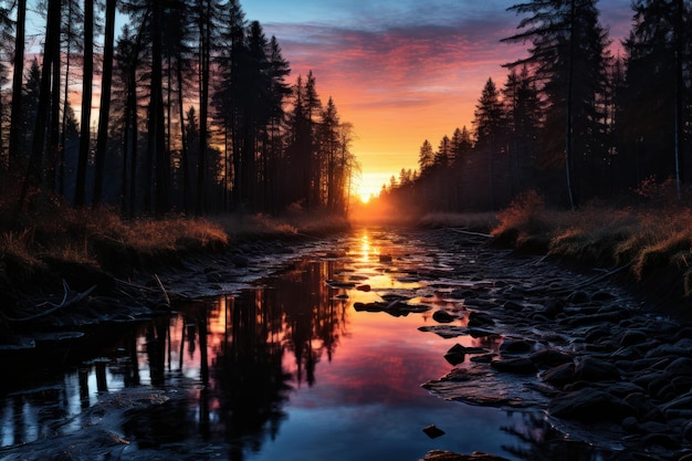 De weerspiegeling van de rivier in het bos omarmt het prachtige beeld van de zonsopgang