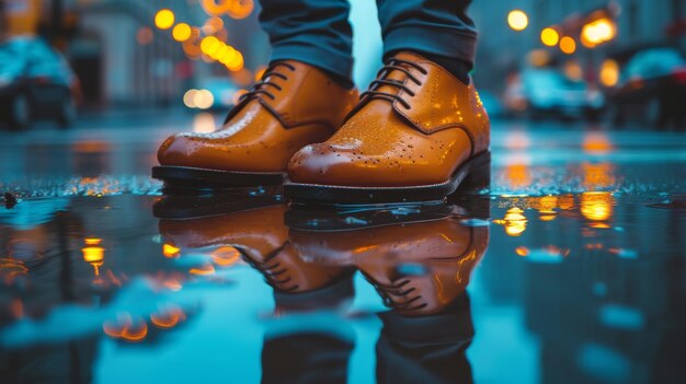 De weerspiegeling van de stadslichten in gepolijste leren schoenen een moderne stedelijke twist op klassieke elegantie