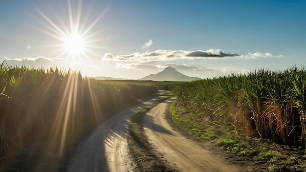 De weg in het midden van een suikerrietveld op een zonnige dag met een berg in de achtergrond