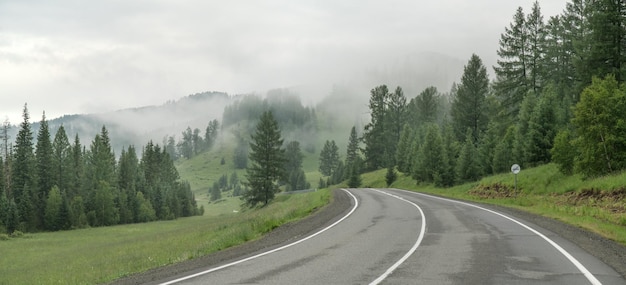 De weg loopt door een bergdal, regenachtig weer, panoramisch uitzicht