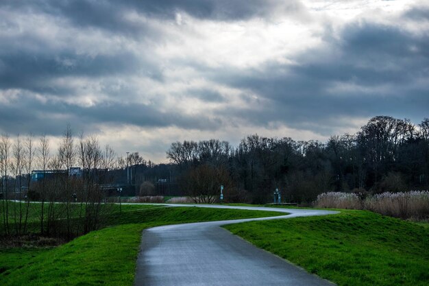 Foto de weg midden in het grasveld tegen de bewolkte hemel in de schemering