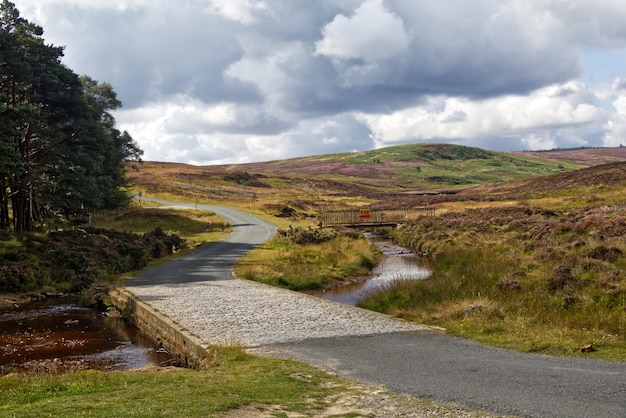 Foto de weg midden in het groene landschap tegen de lucht op de noord-yorkshire moorlanden