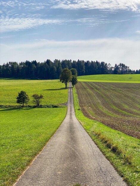 Foto de weg midden in het veld tegen de lucht.