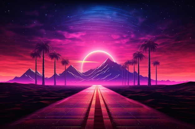 Foto de weg naar de horizon in stijl met synthwave kleurrijke nacht