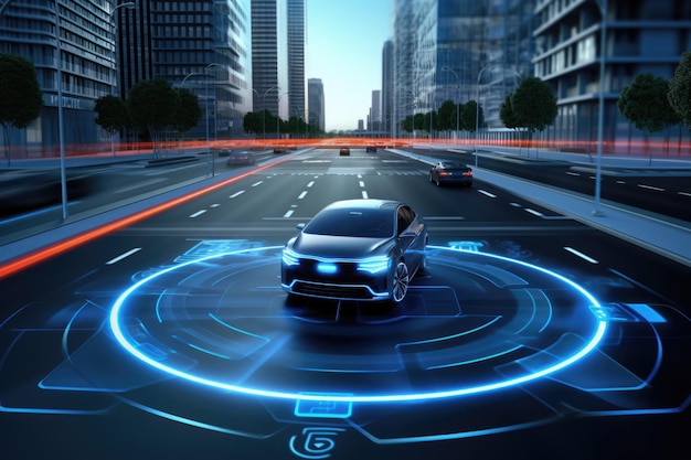 De wegen van morgen Autonome zelfrijdende auto's navigeren over stedelijke snelwegen