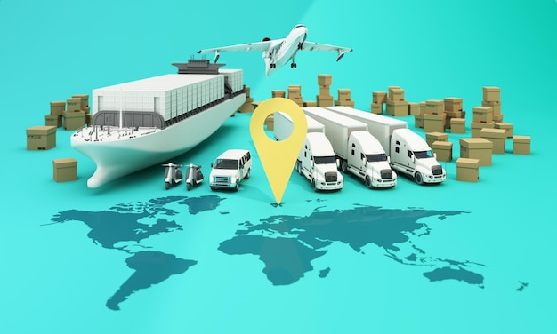 de wereldkaart van de aarde omringd door kartonnen dozen een vrachtcontainer schip een vliegend vliegtuig een auto een busje en een vrachtwagen met gps locatie op groene achtergrond 3D rendering