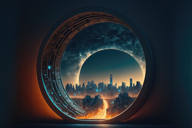 De wereldrevolutie van door cirkel toekomstige portaalachtergrond van wolkenkrabber
