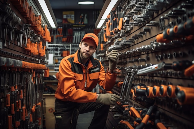 De werknemer van de winkel maakt een selectie sleutel gereedschappen in Focus AR 32