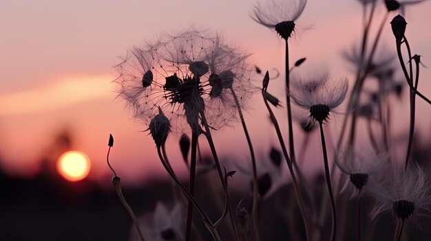 Foto de wilde paardebloemplant met zaden in de avondrood