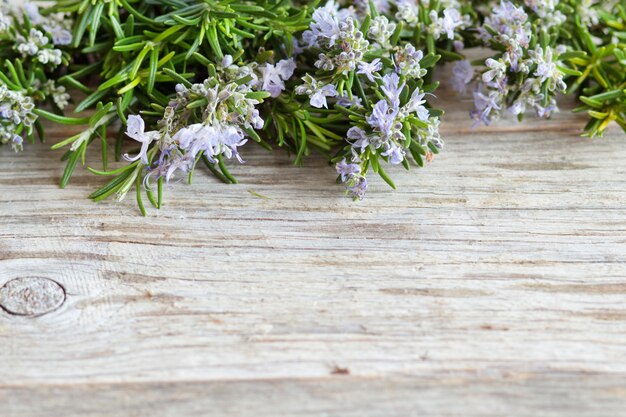 De wilde rozemarijnbloemen op de oude houten lijst sluiten omhoog met exemplaarruimte