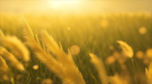 De wind blaast het gras in het gouden licht van de zon door Generative AI