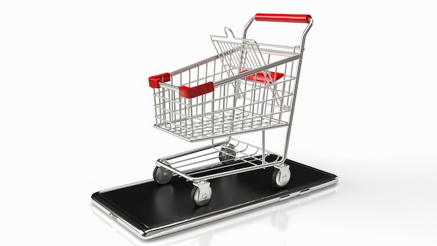 De winkelwagentje op mobiel voor e-shopping en online winkelen concept 3d renderingxA