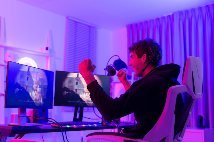 Foto de winnende stemming van een professionele gamer dat is waar het geld en de beroemdheid vandaan komen