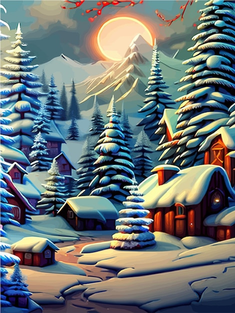 De winter komt eraan Besneeuwde nacht met naaldboshuizen in sneeuwlichtslingers vallende sneeuwfores