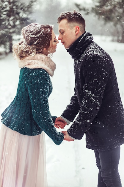 De winterportret van het jonge houdende van paar kussen in sneeuwvorstpark